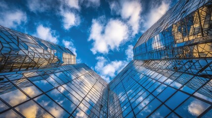 Fototapeta premium Stunning low-angle view of sleek modern skyscrapers with reflective glass facades rising majestically towards a vivid blue sky dotted with fluffy white clouds, showcasing the grandeur and geometric be