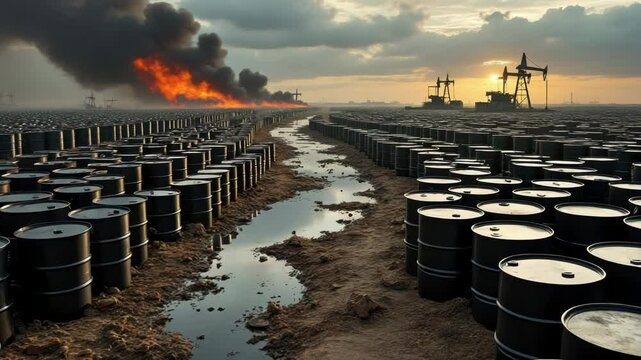 Oil trading war concept, Oil barrels in a polluted landscape with flames and industrial structures.
