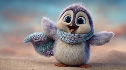Fototapeta premium Adorable Penguin in a Knitted Scarf