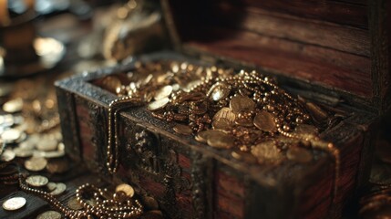 Antique wooden chest overflowing with gold coins and jewelry