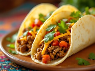 Close-up of a soft taco filled with seasoned meat, fresh salsa, melted cheese, and chopped cilantro. Juicy, vibrant, and mouthwatering. Perfect for food lovers and culinary visuals