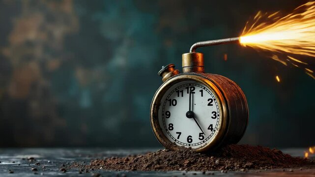 Vintage clock with a spark igniting from a fuse.