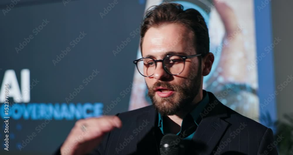 Poster microphone, convention and man on stage for ai governance or data science. male speaker, seminar or 