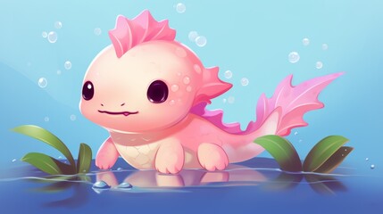 Obraz premium A cute, cartoon baby axolotl. This funny, pink Mexican salamander is an adorable pet. It swims, waves, and plays with bubbles underwater. This kawaii animal is a vector image. 