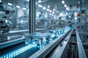 Glass Module Moving on Conveyor Belt in Clean Blue Factory