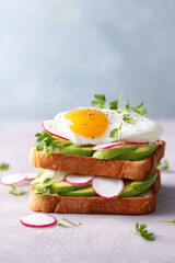 Delicious open-faced sandwich with avocado, egg, and radishes served on toasted bread