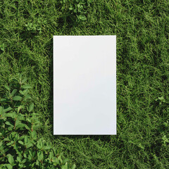 Blank white 5x7 vertical card flatlay on the grass, mockup photography style