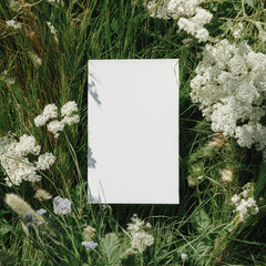 Blank white 5x7 vertical card flatlay on the grass, mockup photography style