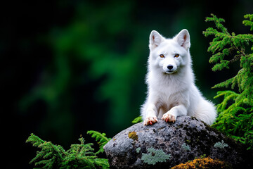 Obraz premium A white fox sitting on top of a rock in the woods