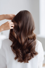 Obraz premium Elegant hair styling in a bright salon setting during the daytime with a focus on healthy, wavy hair texture