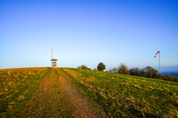 View of the landscape at the Meerfelder Maar. Nature at the crater lake in the Volcanic Eifel National Park. The surrounding area near Meerfeld at sunset in the evening.
