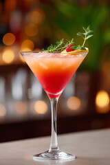 Refreshing cocktail served elegantly in a classy bar during the evening hours with blurred lights