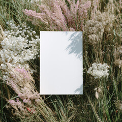 Blank white 5x7 vertical card flatlay on the grass, mockup photography style