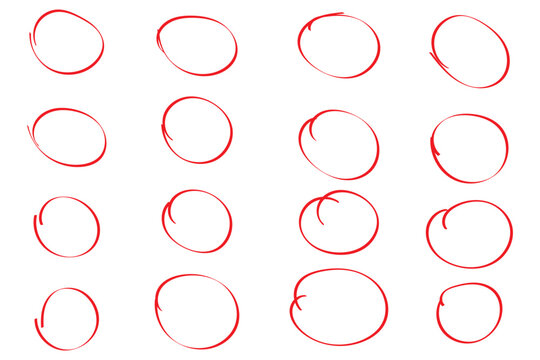 Red circle, pen draw. Highlight hand drawing different circles isolated on background. Bright red scribble ovals and bubbles to circle and highlight text. EPS 10 