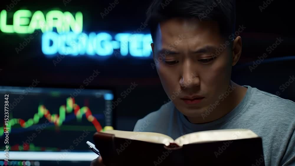 Poster a man is writing in a book with the words learn doing trading written in neon lights behind him