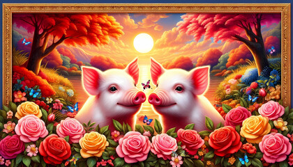 Pictures of 2 cute pigs and the beauty of beautiful trees and beautiful leaves and  rose flowers. pig 01
