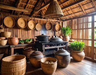 Fototapeta premium Traditional Thai kitchen with fire stove