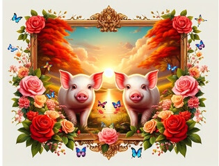 Pictures of 2 cute pigs and the beauty of beautiful trees and beautiful leaves and  rose flowers. pig 02