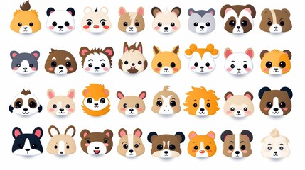 Fototapeta premium Adorable animal faces! Includes dogs, cats, cows, foxes, unicorns, and pandas. Cute animal emojis for kids. A sweet zoo collection. 