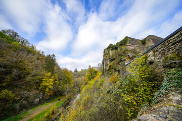 View of Manderscheid Castle near the Eifel town of Manderscheid.
