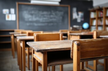 Classroom desks chairs chalkboard education school interior