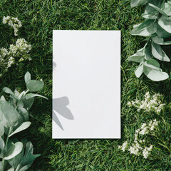Blank white 5x7 vertical card flatlay on the grass, mockup photography style