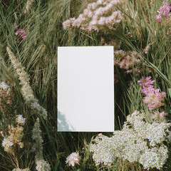 Blank white 5x7 vertical card flatlay on the grass, mockup photography style