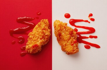 Fried chicken with ketchup on colored backgrounds