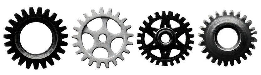 Five industrial cogwheels, bold silhouette icons, isolated on a Transparent background, PNG file. for technical or digital design