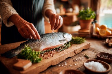 A cook expertly seasons a whole fish with salt and herbs on a wooden cutting board. Fresh ingredients and a cozy kitchen create a warm atmosphere for meal preparation