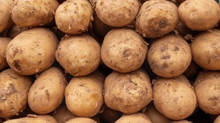 Close up of clean fresh potatoes stacked together at farmers market. Natural vegetable background for design and advertising