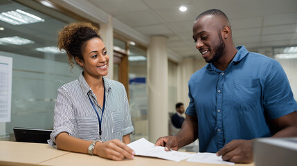 Government Employee Helping Citizen Fill Out Forms at Office