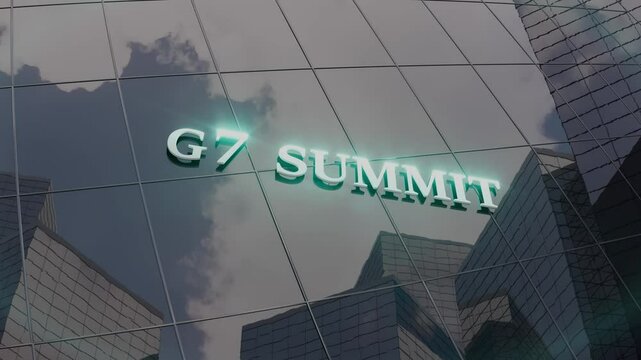 G7 Summit Sign Reflected on Modern Glass Building 