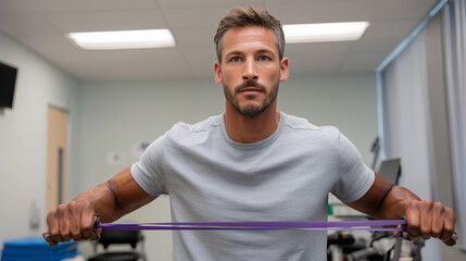 Fototapeta premium Middle-Aged Man Using Resistance Bands During Rehabilitation Session