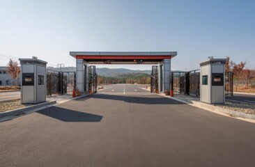 Obraz premium Entrance gate with security booths open on road