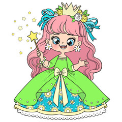 Cute cartoon princess in a lush dress with a magic wand on a white background