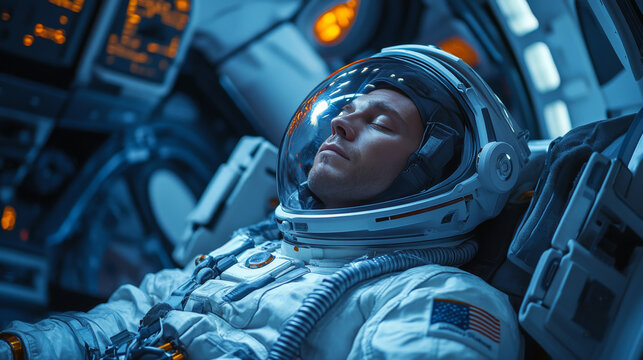 Inside a spacecraft, a male astronaut gently touches his helmet with his eyes shut, immersed in thought while engaging in a space-based project