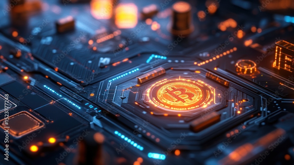 Poster bitcoin symbol illuminated on a futuristic circuit board background