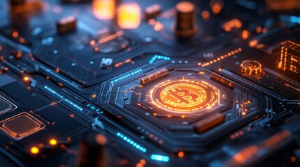 Bitcoin symbol illuminated on a futuristic circuit board background