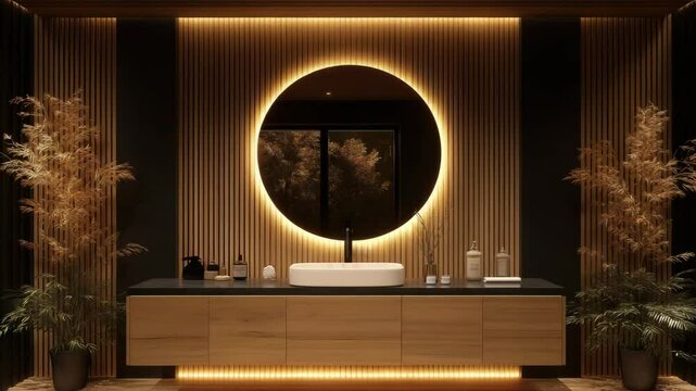 Modern bathroom design with circular mirror and warm lighting in a stylish minimalist setting