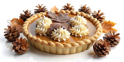 Fototapeta premium Pumpkin pie with whipped cream and leaves on top