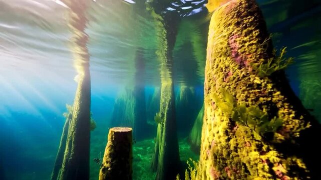 Underwater wooden pilings algae