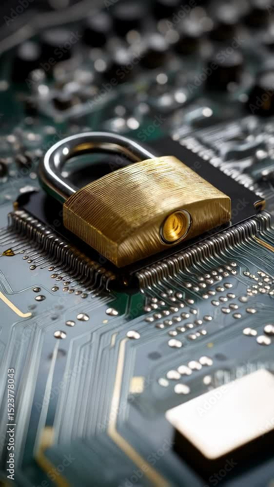 Aufkleber golden padlock securing a computer chip and circuit board, cybersecurity and data protection concept