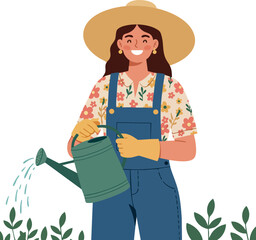 Woman watering plants with green watering can in floral shirt and straw hat vector illustration 