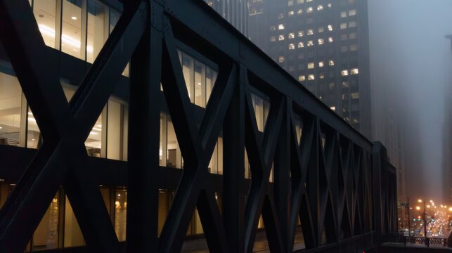 Dark-hued metal bridge with criss-cross girders in the foreground, showcasing stark industrial design, set against a backdrop of modern glass-windowed buildings partially illuminated from within. Thic