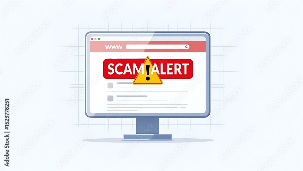 Poster computer screen displaying a scam alert notification, emphasizing cybersecurity awareness and online