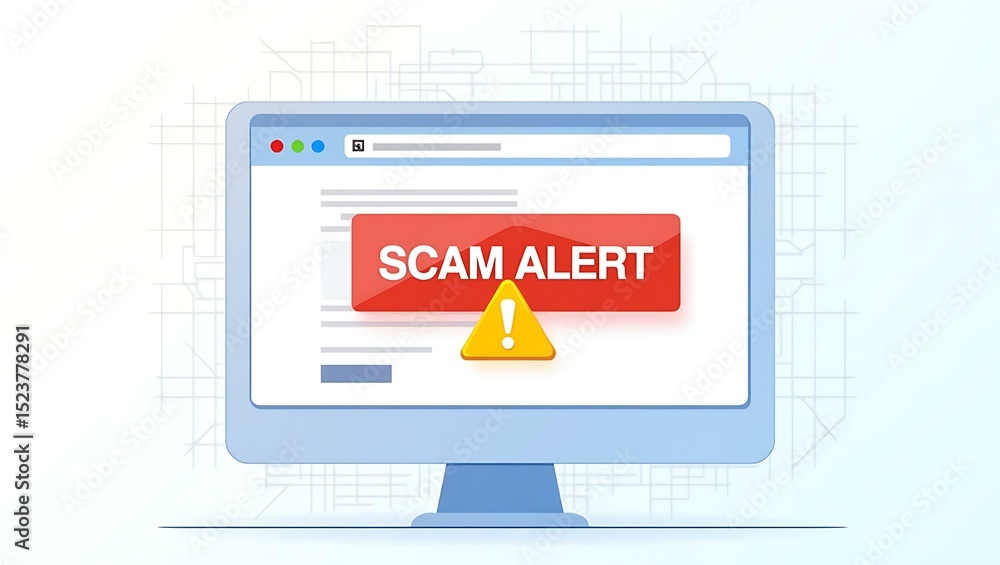 Poster a computer screen displaying a 'scam alert' notification with a caution symbol, symbolizing online s