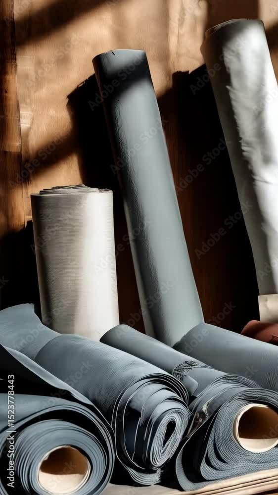 Aufkleber assorted fabric rolls stand vertically near piles of rolled material in light-filled space. textiles