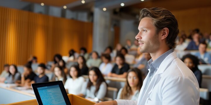 Young caucasian male lecturer presenting to diverse adult audience in modern auditorium