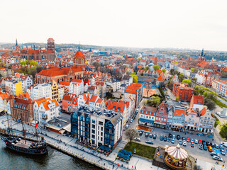 Gdansk with Motlawa river in Poland. Aerial landscape of the Main Town. Old town colourful house with saint Marys church